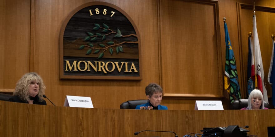 (Left to right) Gloria Crudgington, Becky Shevlin and Donna Baker field questions from residents at the Monrovia City Council candidates forum on Thursday, Feb. 13.